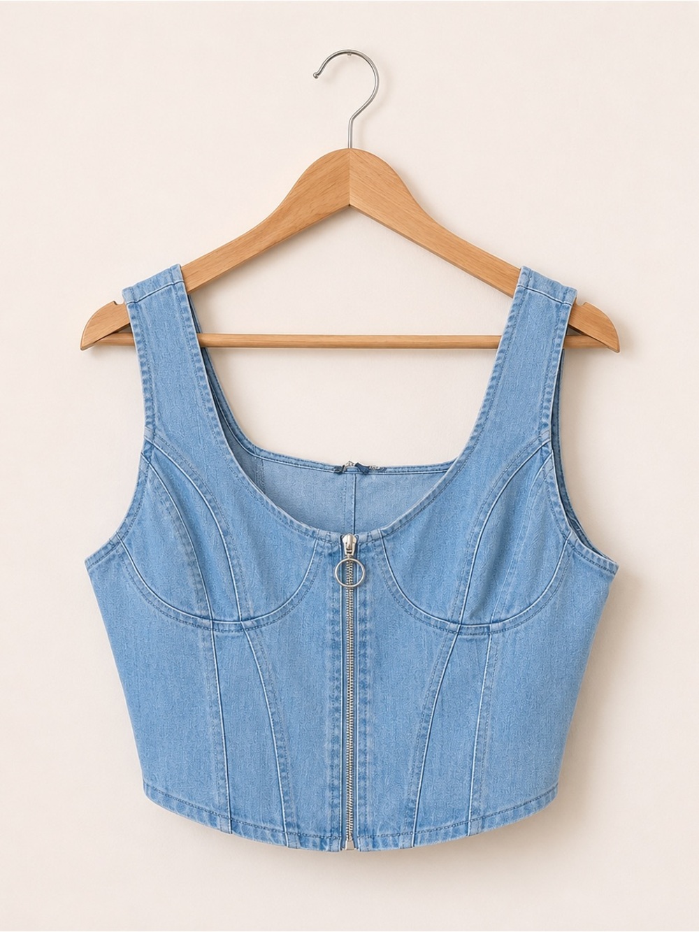 NWOT New Story On Chambray Denim Zipper Crop Top Large L